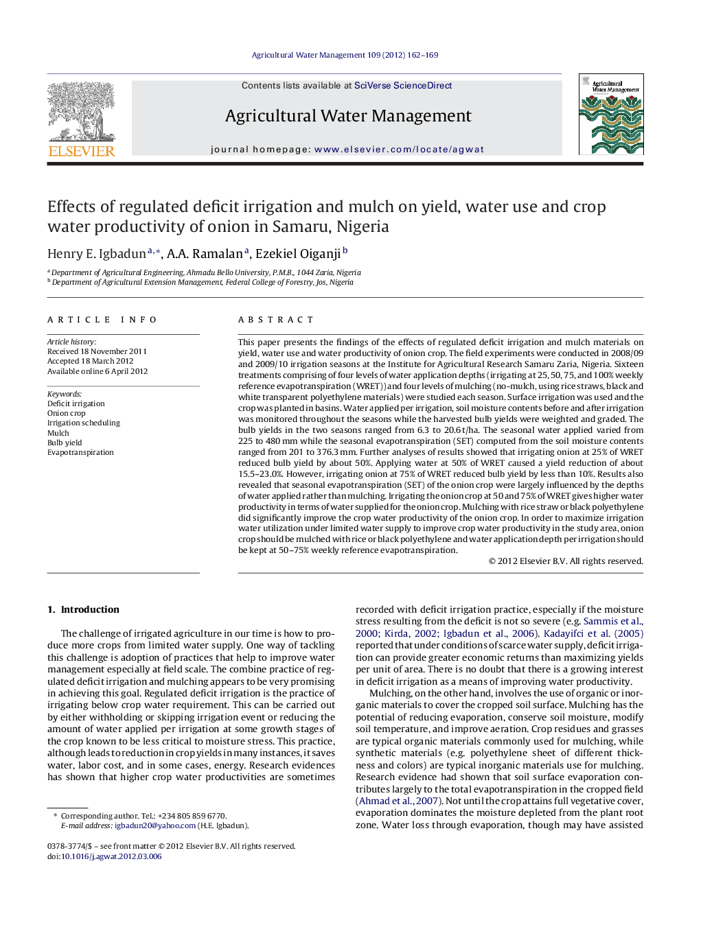 Effects of regulated deficit irrigation and mulch on yield, water use and crop water productivity of onion in Samaru, Nigeria