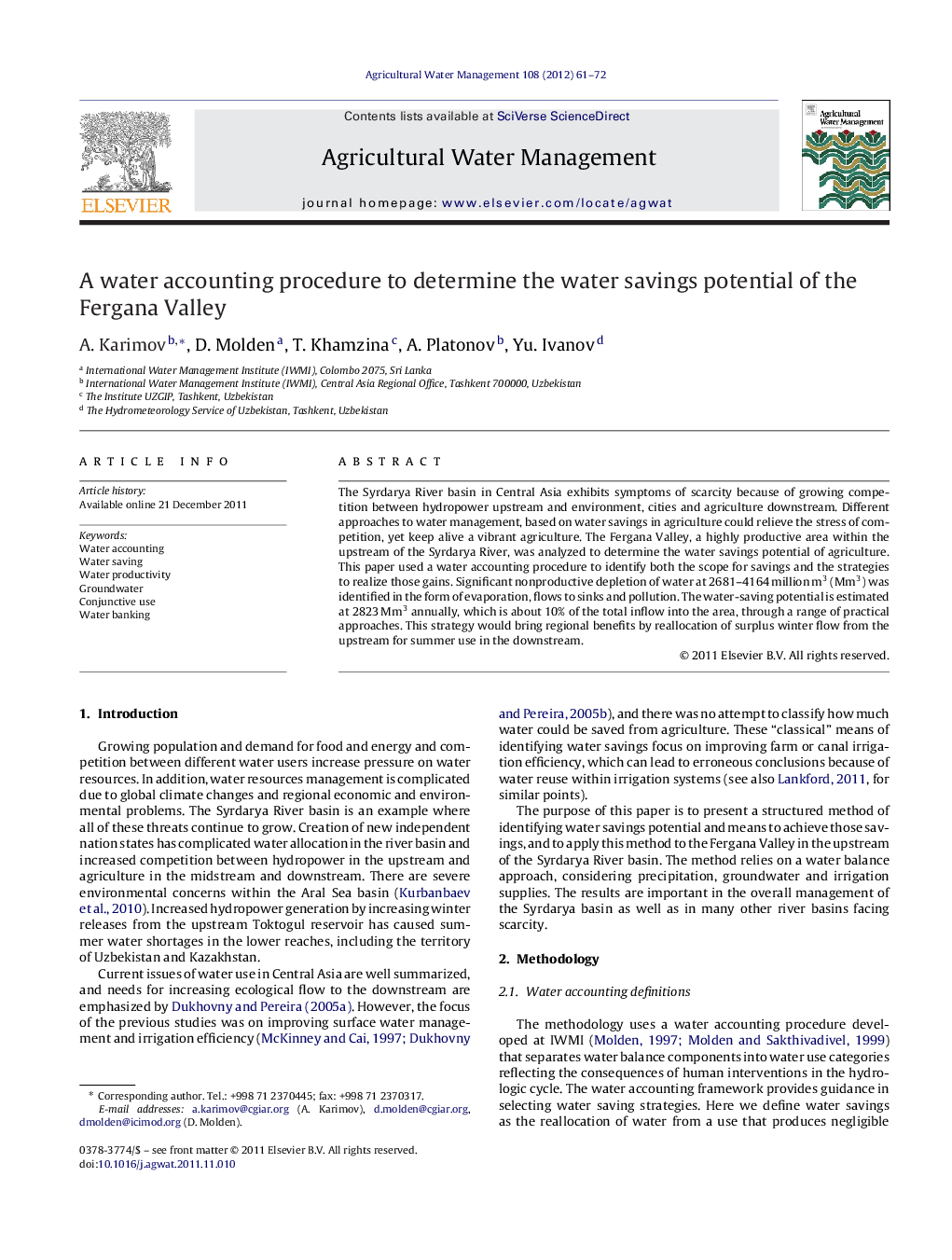 A water accounting procedure to determine the water savings potential of the Fergana Valley