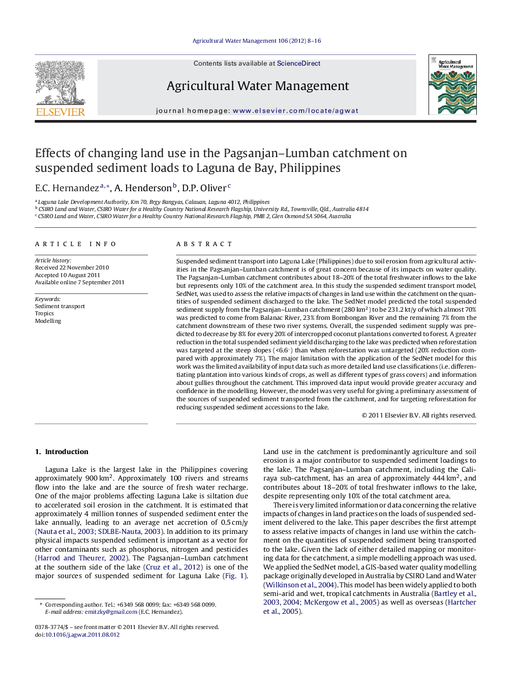 عکس صفحه اول مقاله: Effects of changing land use in the Pagsanjan–Lumban catchment on suspended sediment loads to Laguna de Bay, Philippines Effects of changing land use in the Pagsanjan–Lumban catchment on suspended sediment loads to Laguna de Bay, Philippines