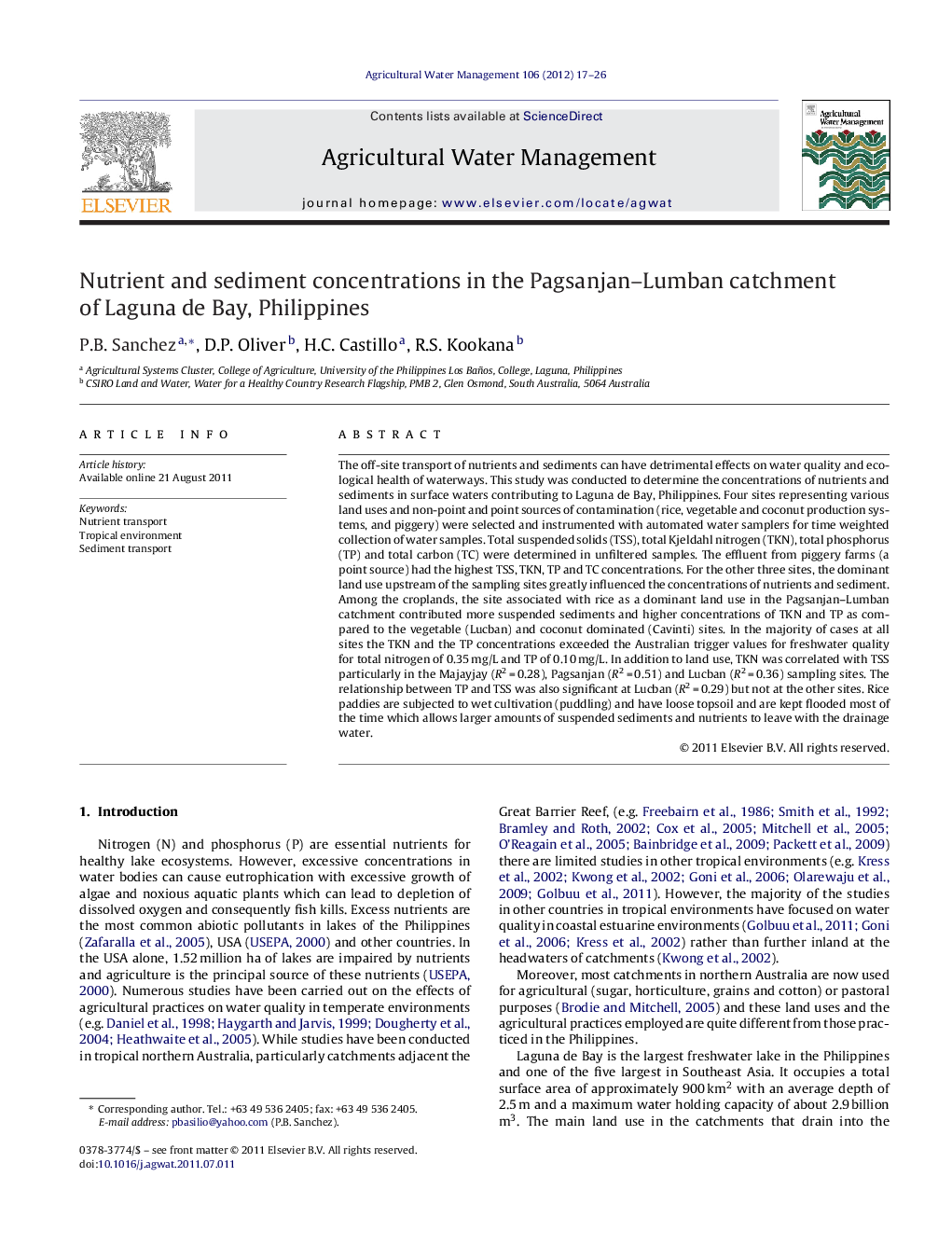 Nutrient and sediment concentrations in the Pagsanjan–Lumban catchment of Laguna de Bay, Philippines