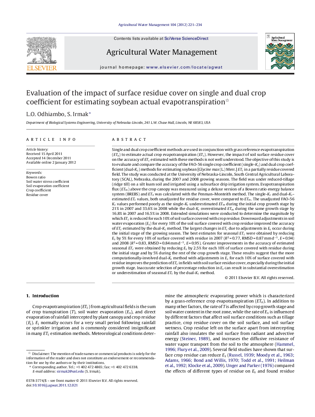 Evaluation of the impact of surface residue cover on single and dual crop coefficient for estimating soybean actual evapotranspiration 