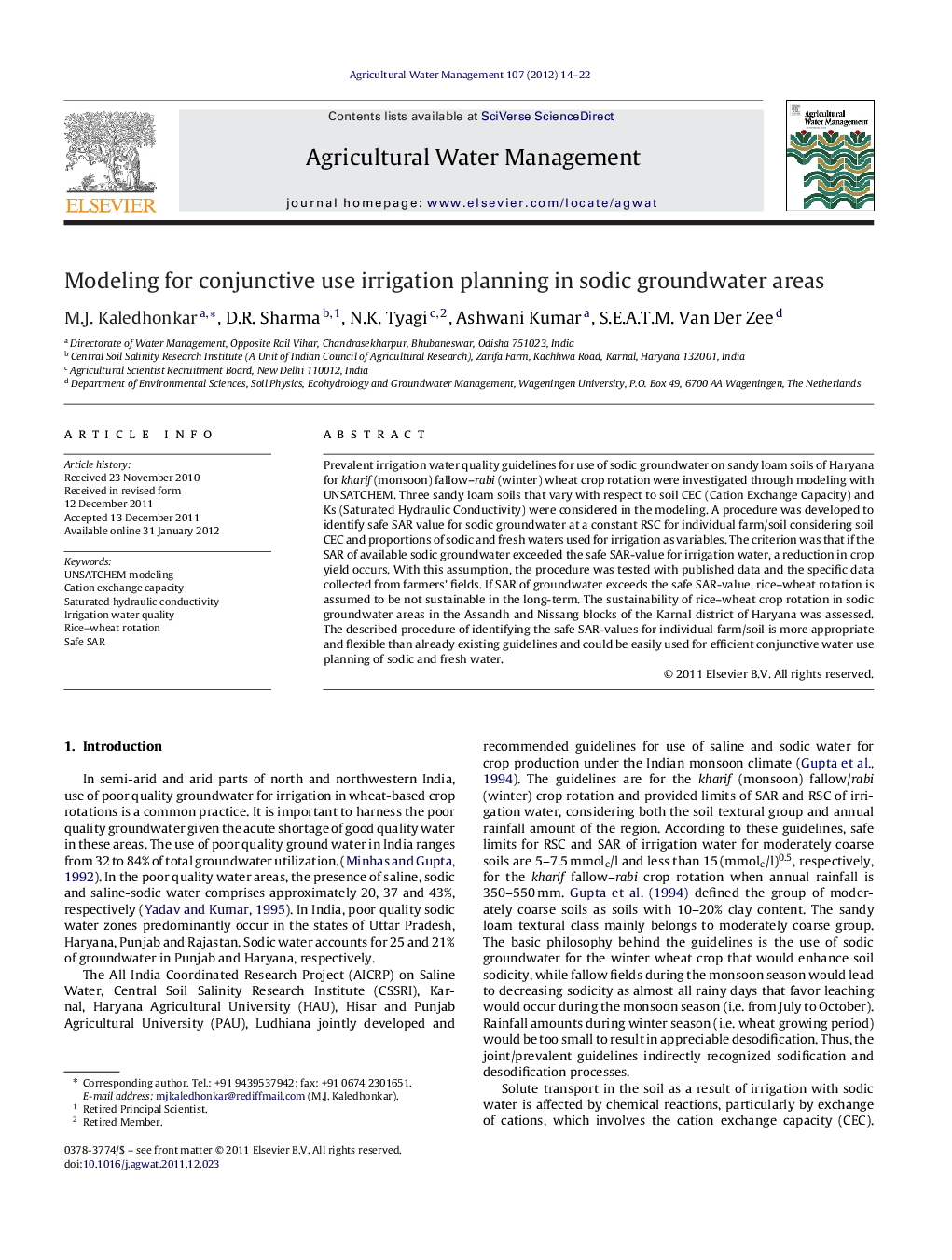 Modeling for conjunctive use irrigation planning in sodic groundwater areas