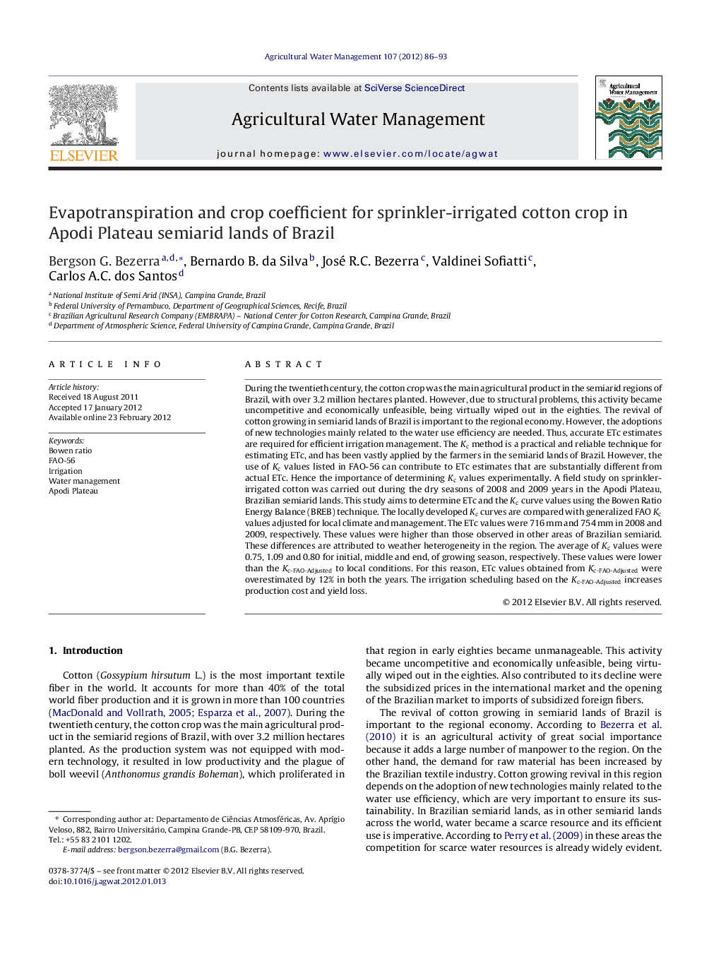 Evapotranspiration and crop coefficient for sprinkler-irrigated cotton crop in Apodi Plateau semiarid lands of Brazil