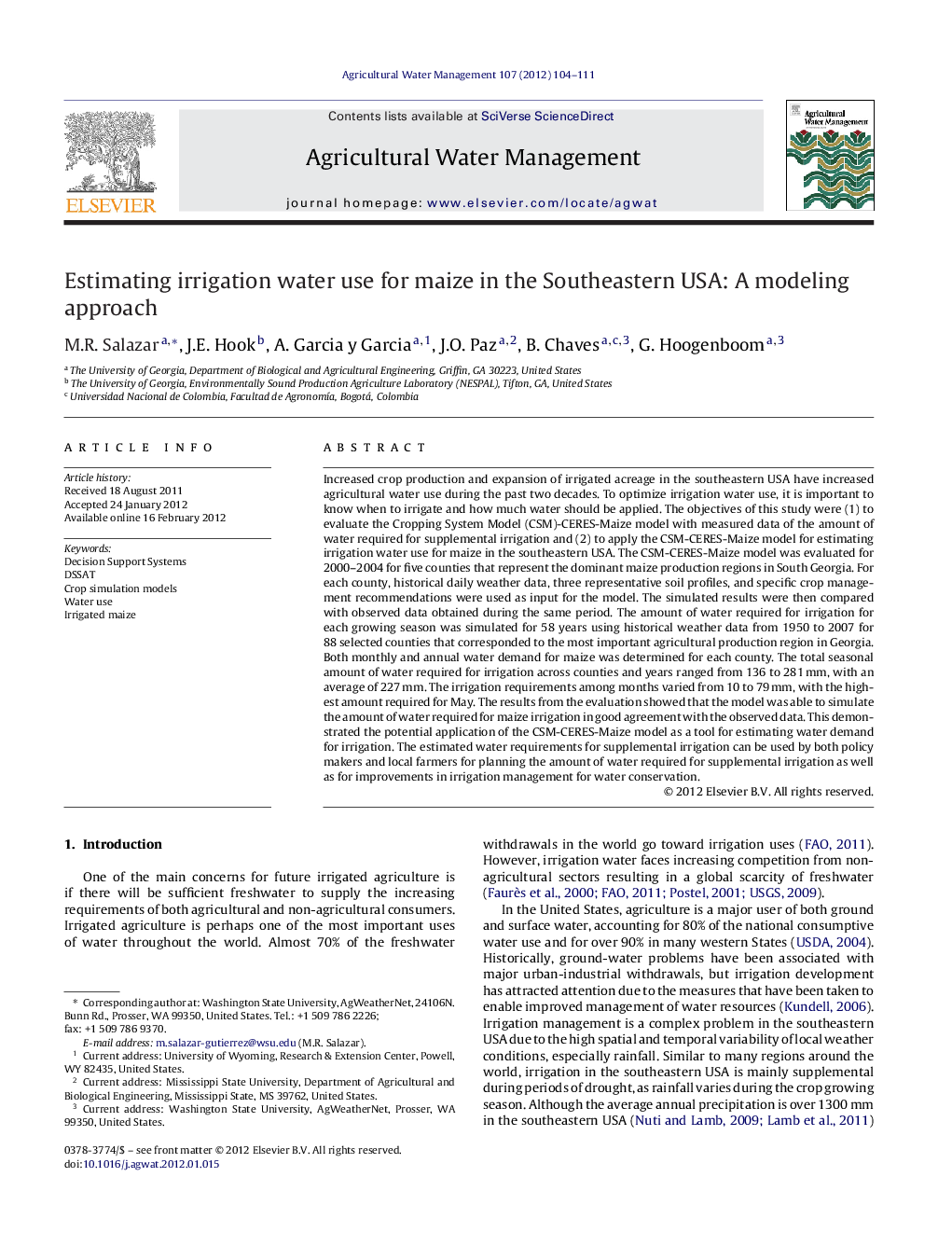 Estimating irrigation water use for maize in the Southeastern USA: A modeling approach