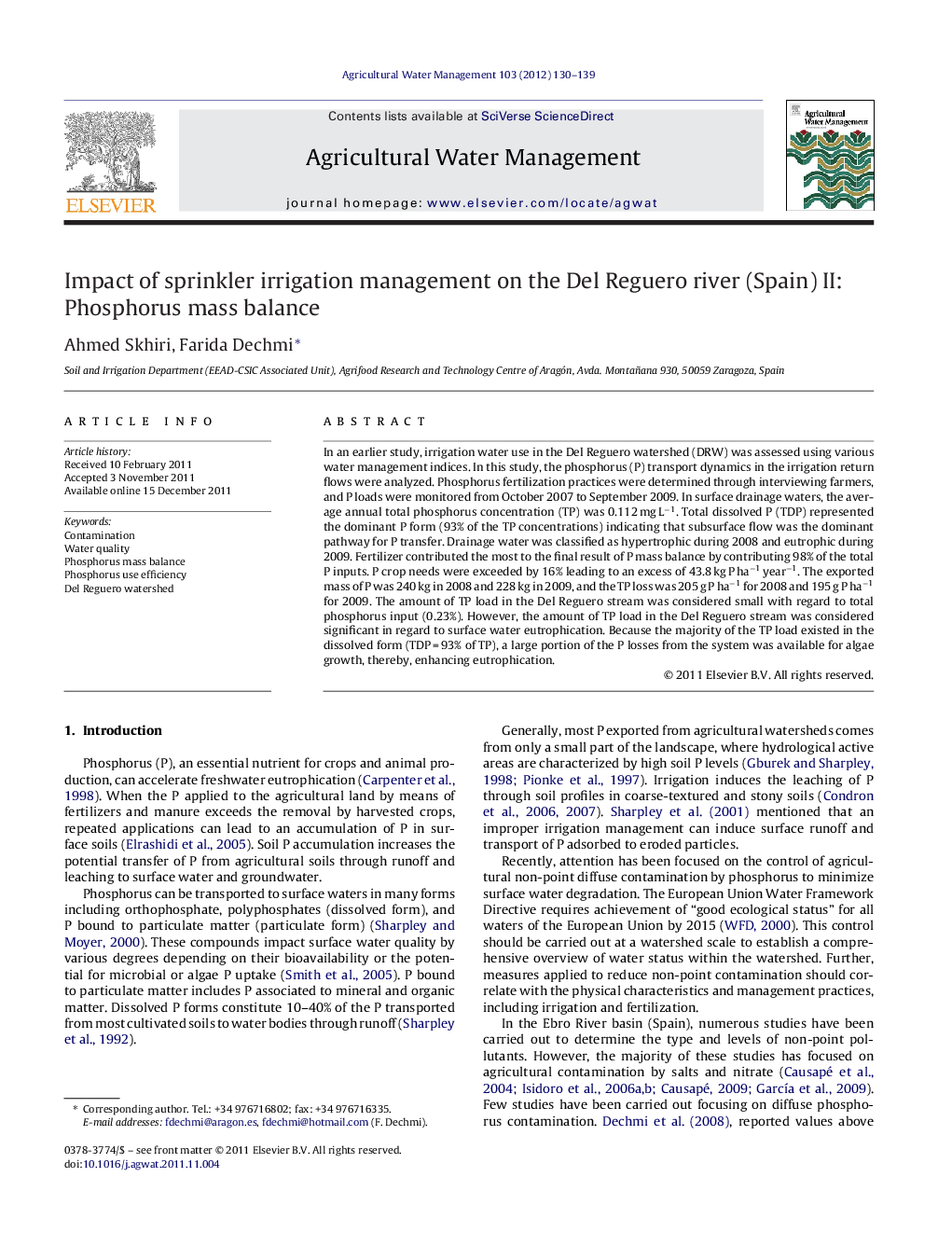 عکس صفحه اول مقاله: Impact of sprinkler irrigation management on the Del Reguero river (Spain) II: Phosphorus mass balance Impact of sprinkler irrigation management on the Del Reguero river (Spain) II: Phosphorus mass balance