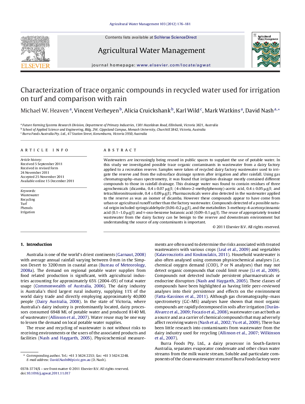 Characterization of trace organic compounds in recycled water used for irrigation on turf and comparison with rain