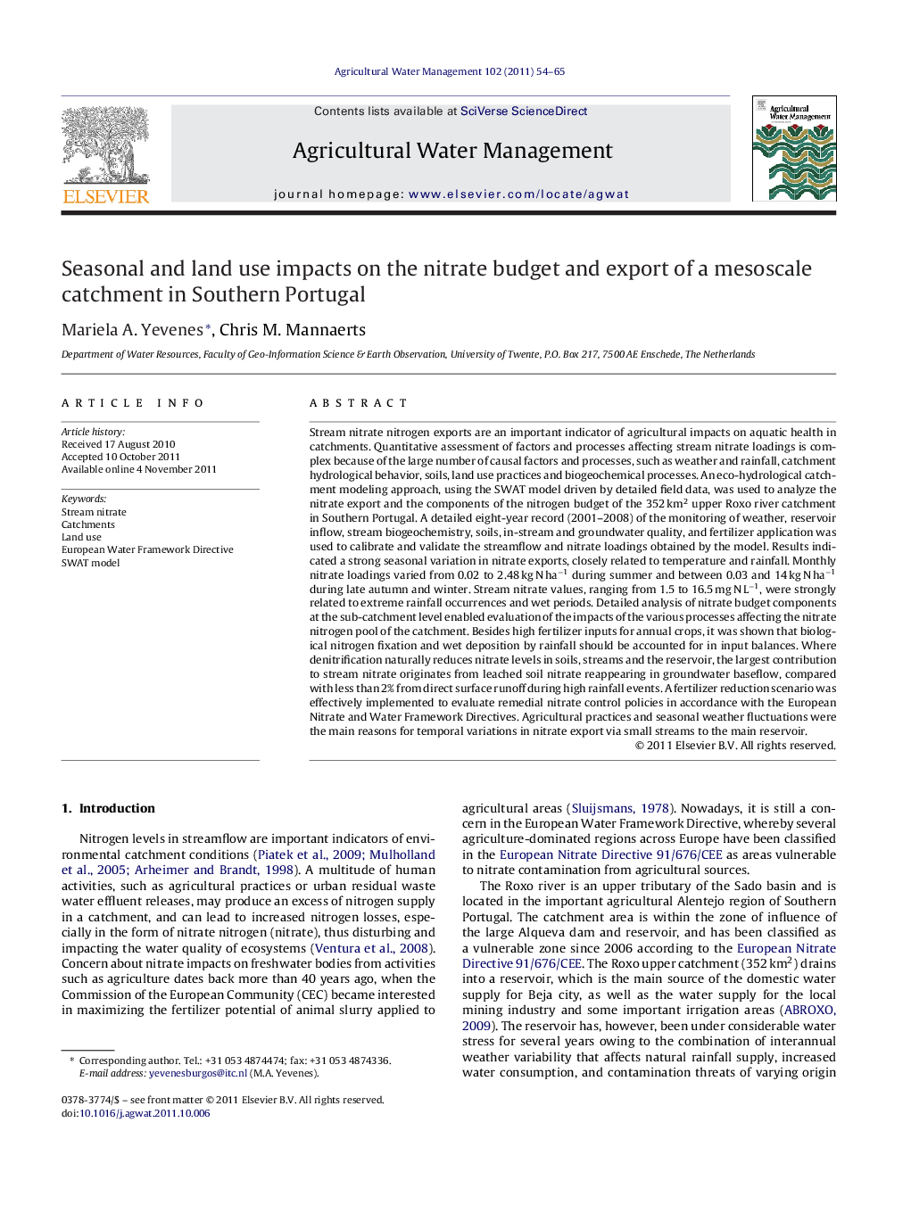 Seasonal and land use impacts on the nitrate budget and export of a mesoscale catchment in Southern Portugal