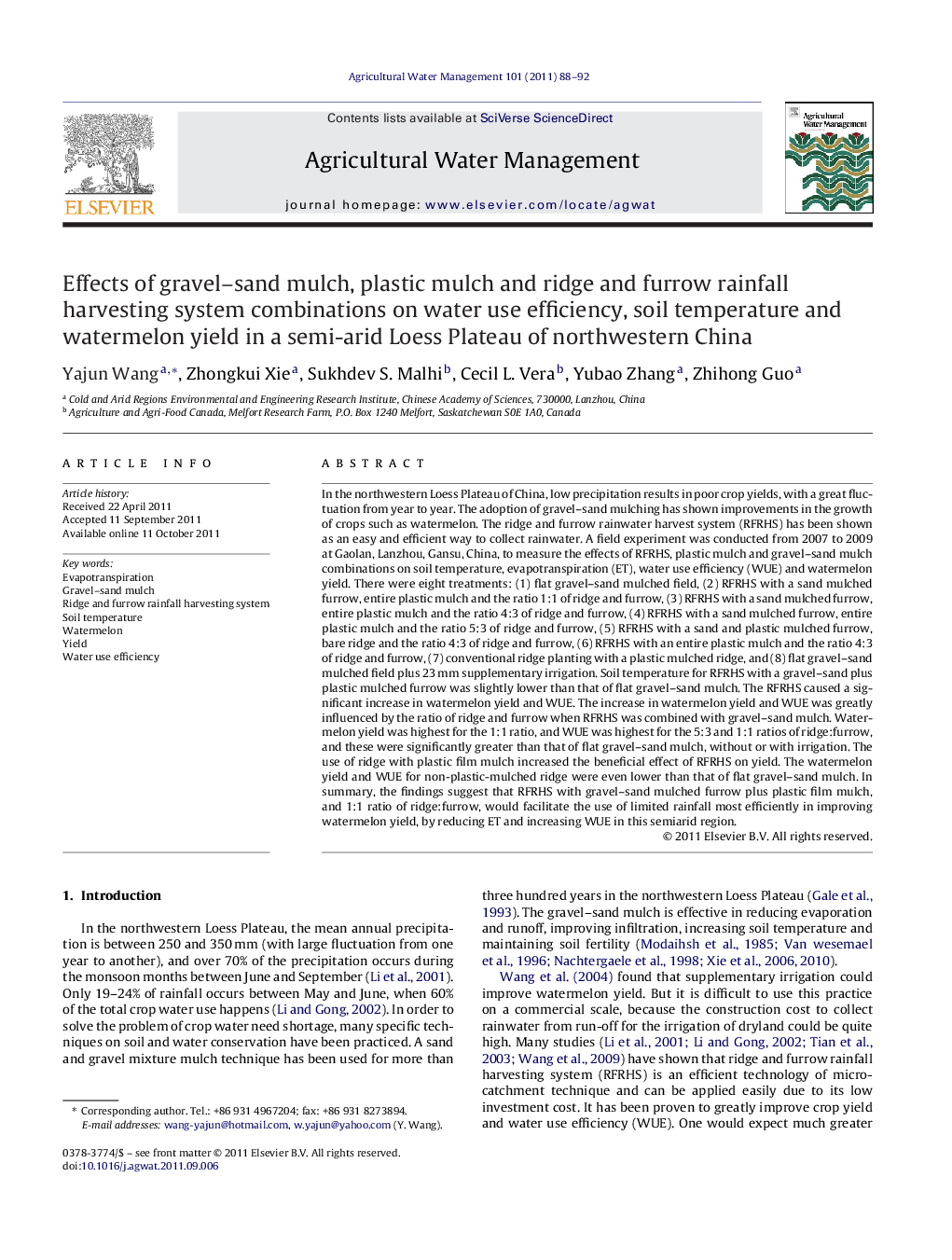 Effects of gravel–sand mulch, plastic mulch and ridge and furrow rainfall harvesting system combinations on water use efficiency, soil temperature and watermelon yield in a semi-arid Loess Plateau of northwestern China