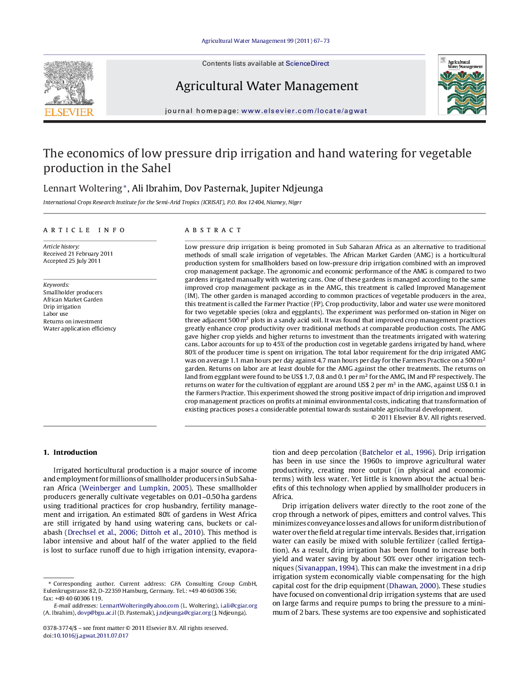 The economics of low pressure drip irrigation and hand watering for vegetable production in the Sahel