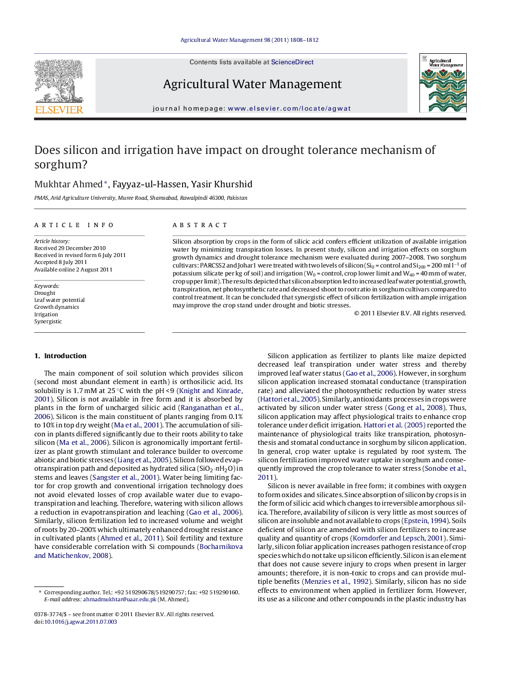 عکس صفحه اول مقاله: Does silicon and irrigation have impact on drought tolerance mechanism of sorghum? Does silicon and irrigation have impact on drought tolerance mechanism of sorghum?