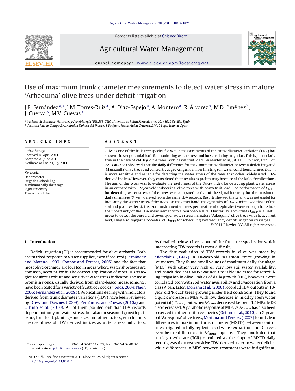 Use of maximum trunk diameter measurements to detect water stress in mature 'Arbequina' olive trees under deficit irrigation