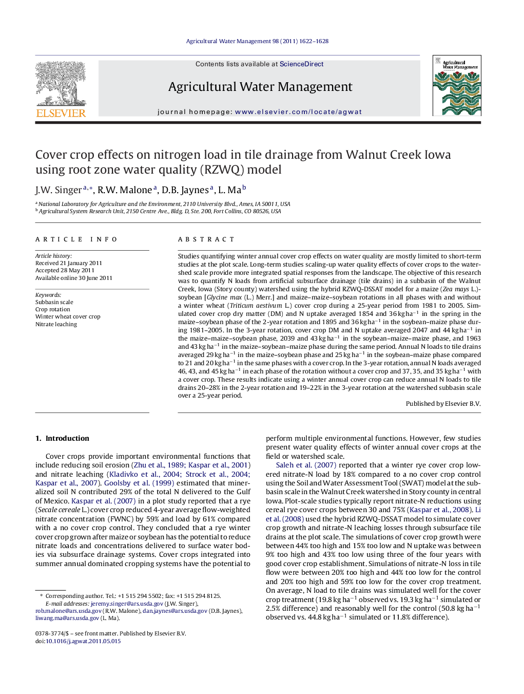 Cover crop effects on nitrogen load in tile drainage from Walnut Creek Iowa using root zone water quality (RZWQ) model