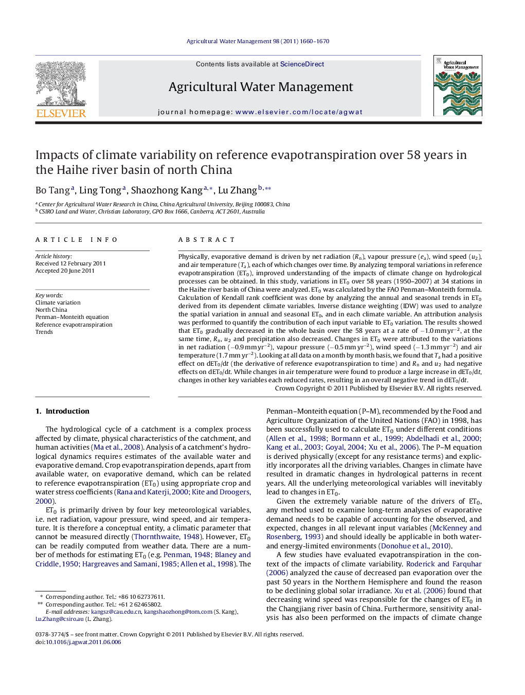 Impacts of climate variability on reference evapotranspiration over 58 years in the Haihe river basin of north China