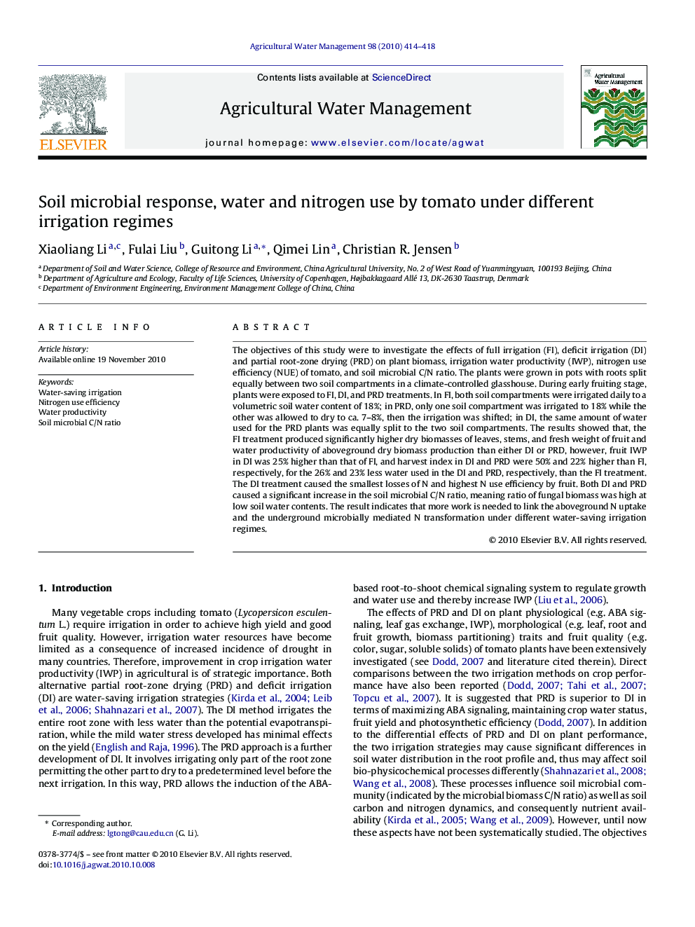 Soil microbial response, water and nitrogen use by tomato under different irrigation regimes