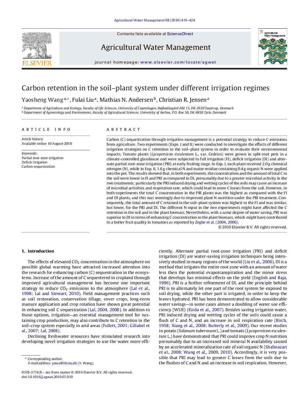 Carbon retention in the soil–plant system under different irrigation regimes