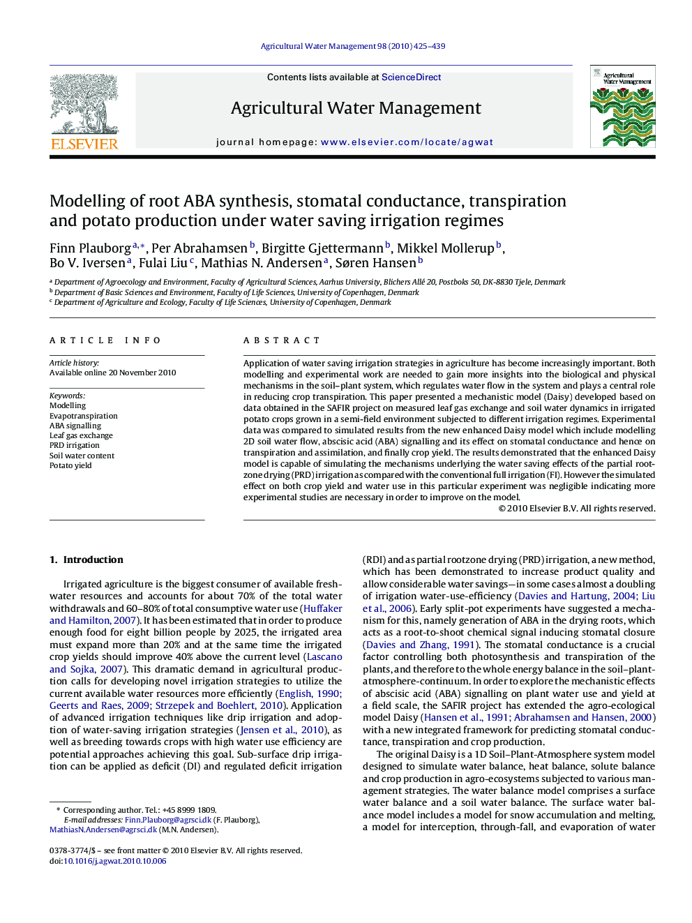 Modelling of root ABA synthesis, stomatal conductance, transpiration and potato production under water saving irrigation regimes