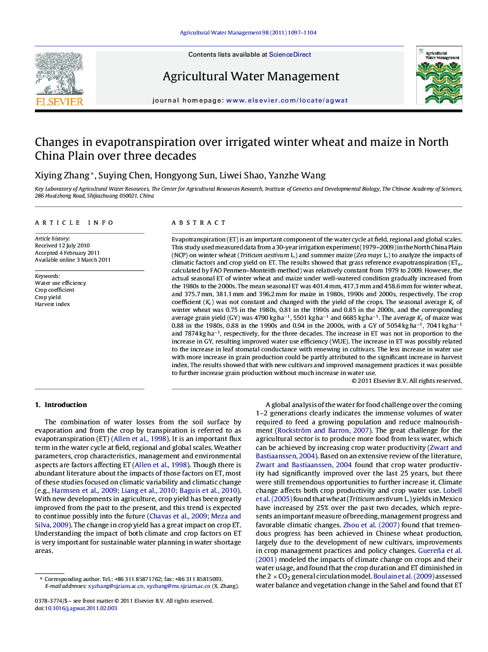 Changes in evapotranspiration over irrigated winter wheat and maize in North China Plain over three decades