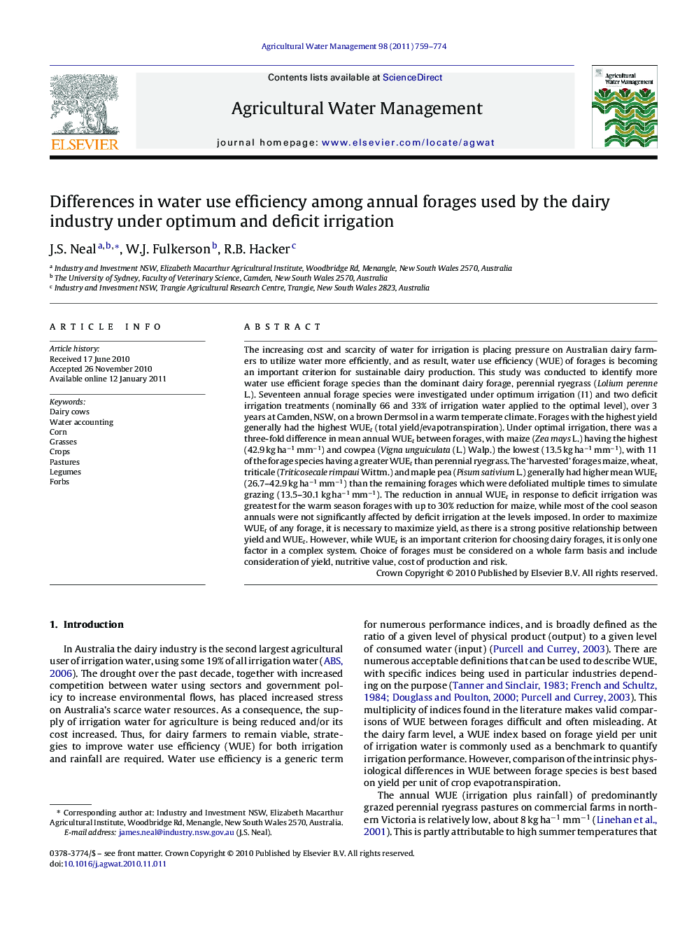 Differences in water use efficiency among annual forages used by the dairy industry under optimum and deficit irrigation
