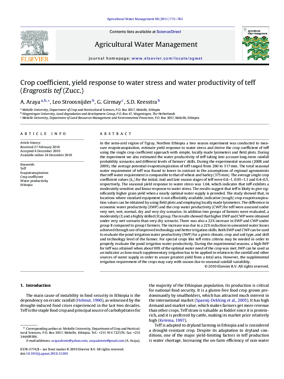 Crop coefficient, yield response to water stress and water productivity of teff (Eragrostis tef (Zucc.)