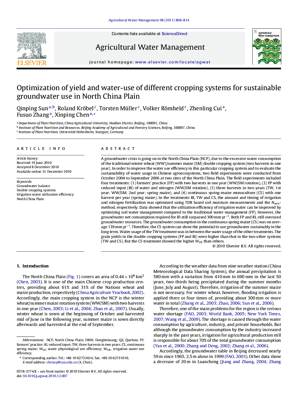عکس صفحه اول مقاله: Optimization of yield and water-use of different cropping systems for sustainable groundwater use in North China Plain Optimization of yield and water-use of different cropping systems for sustainable groundwater use in North China Plain