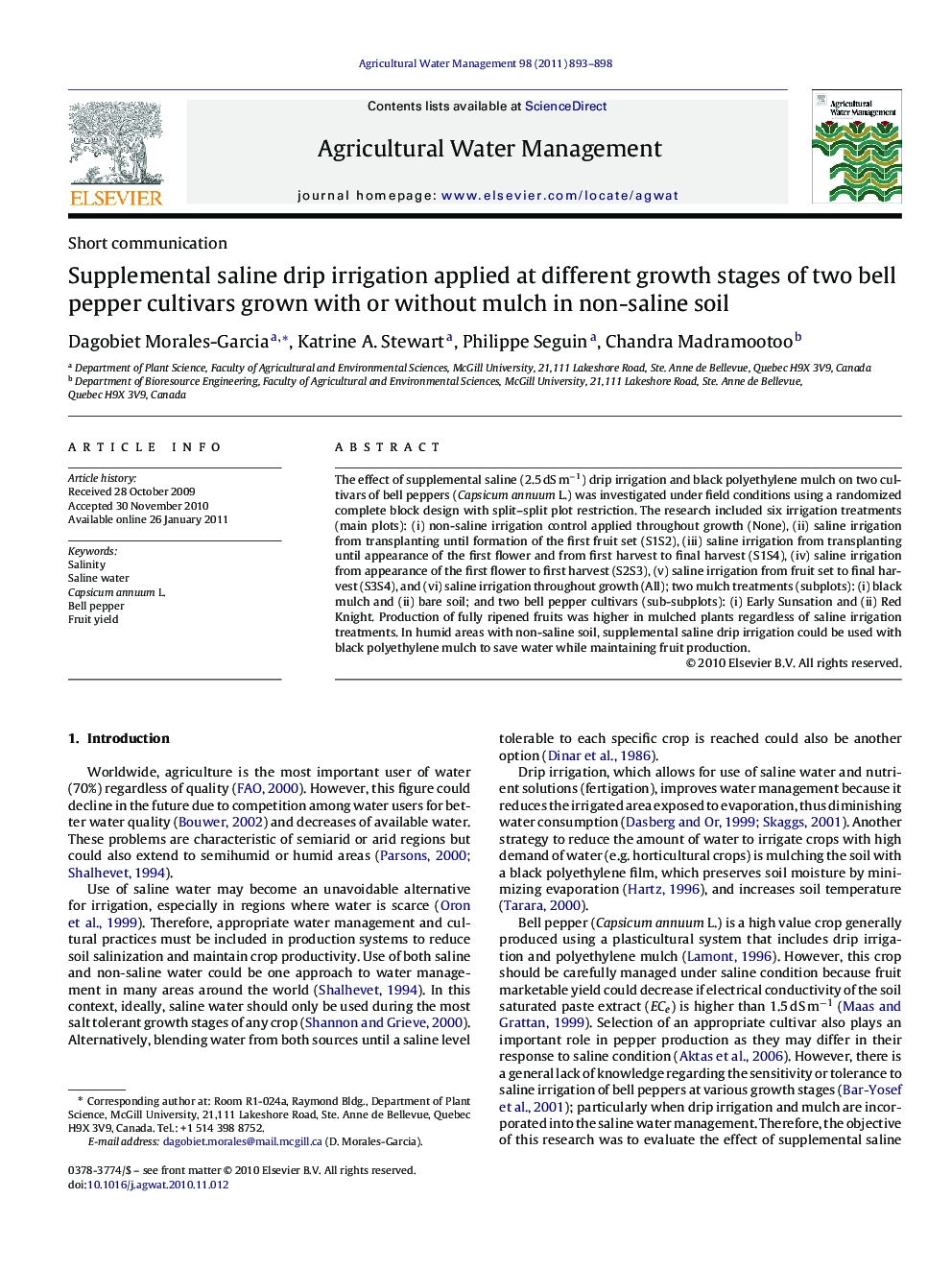 Supplemental saline drip irrigation applied at different growth stages of two bell pepper cultivars grown with or without mulch in non-saline soil