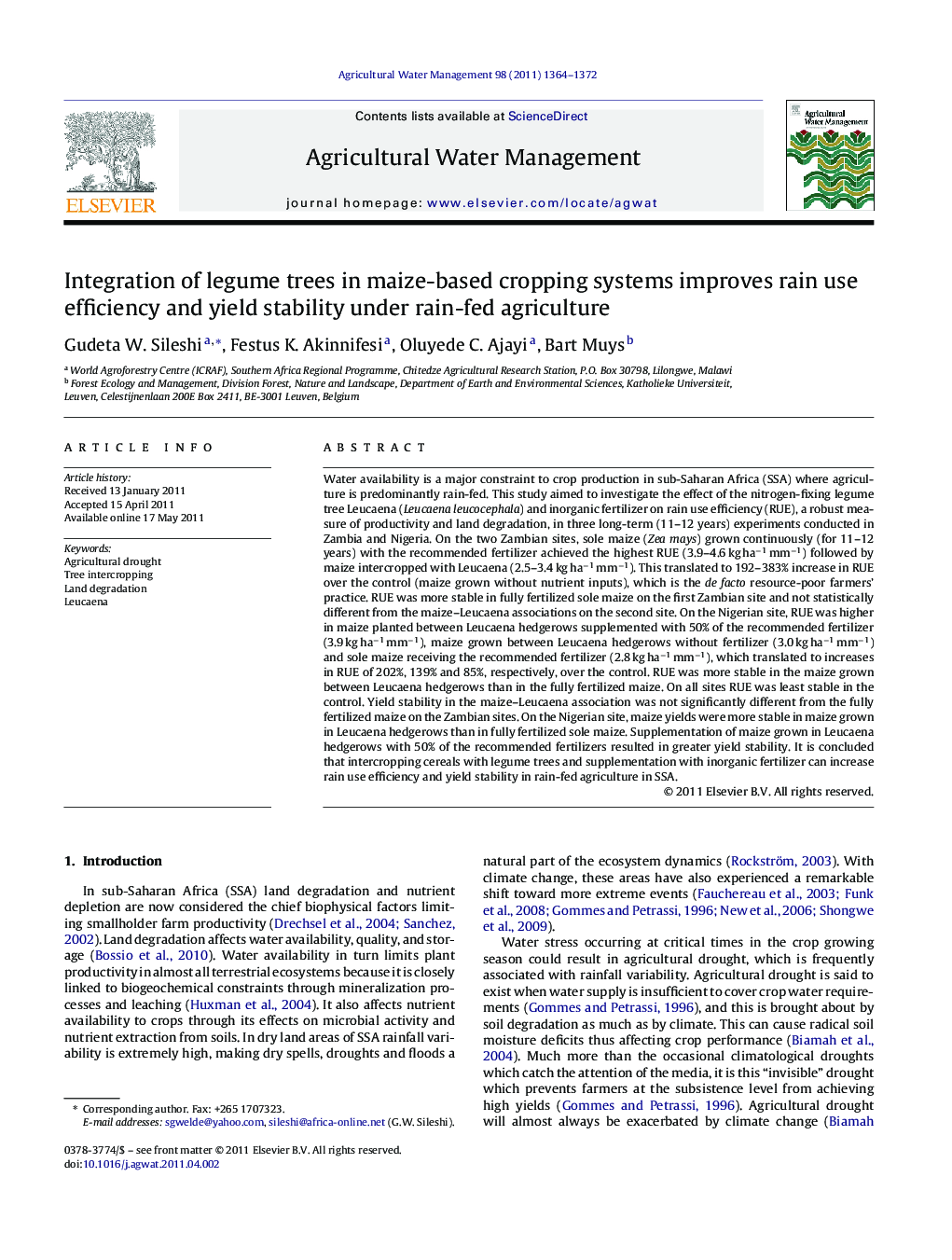 Integration of legume trees in maize-based cropping systems improves rain use efficiency and yield stability under rain-fed agriculture