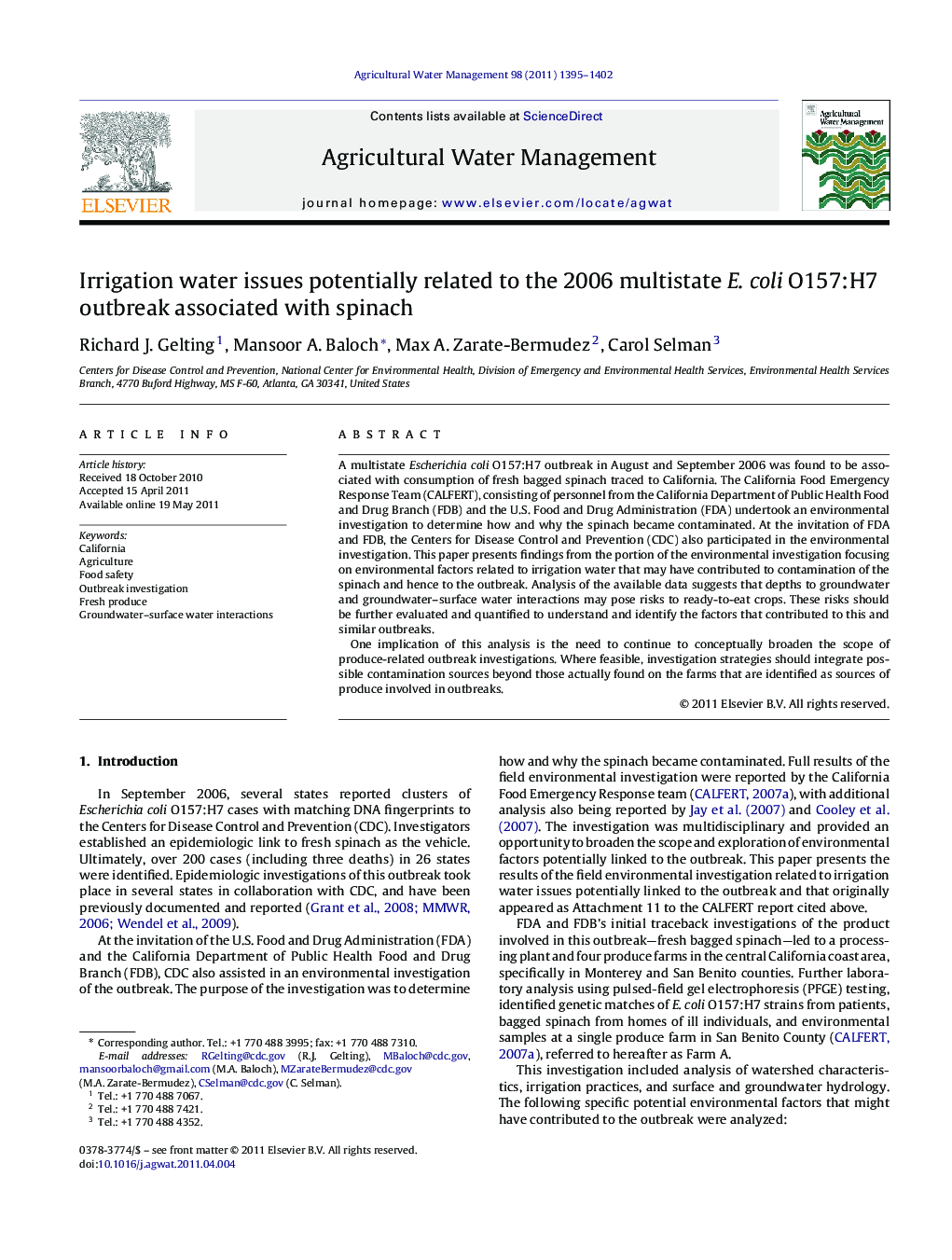 Irrigation water issues potentially related to the 2006 multistate E. coli O157:H7 outbreak associated with spinach