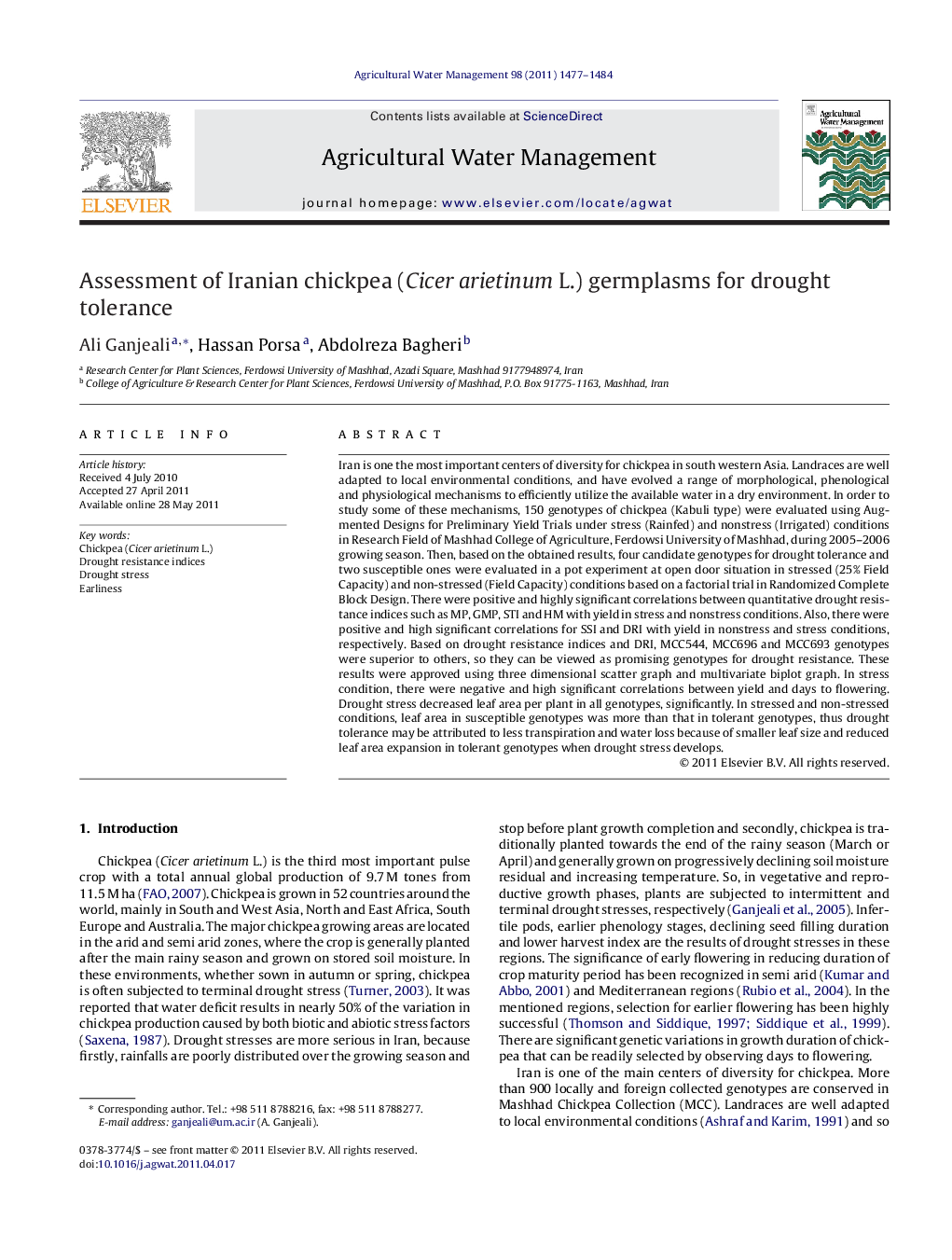 Assessment of Iranian chickpea (Cicer arietinum L.) germplasms for drought tolerance