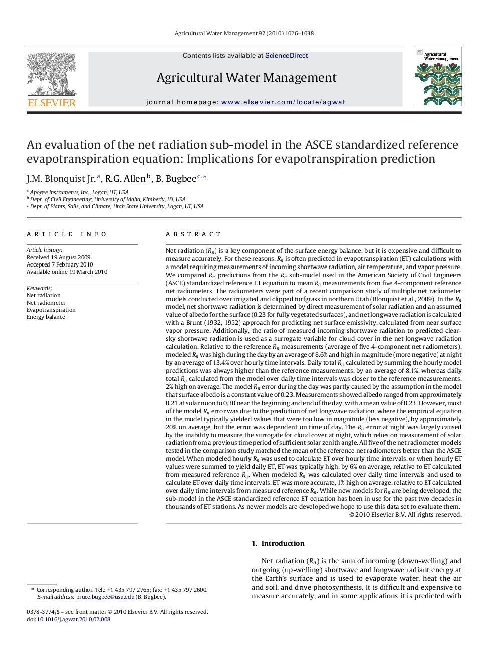 An evaluation of the net radiation sub-model in the ASCE standardized reference evapotranspiration equation: Implications for evapotranspiration prediction