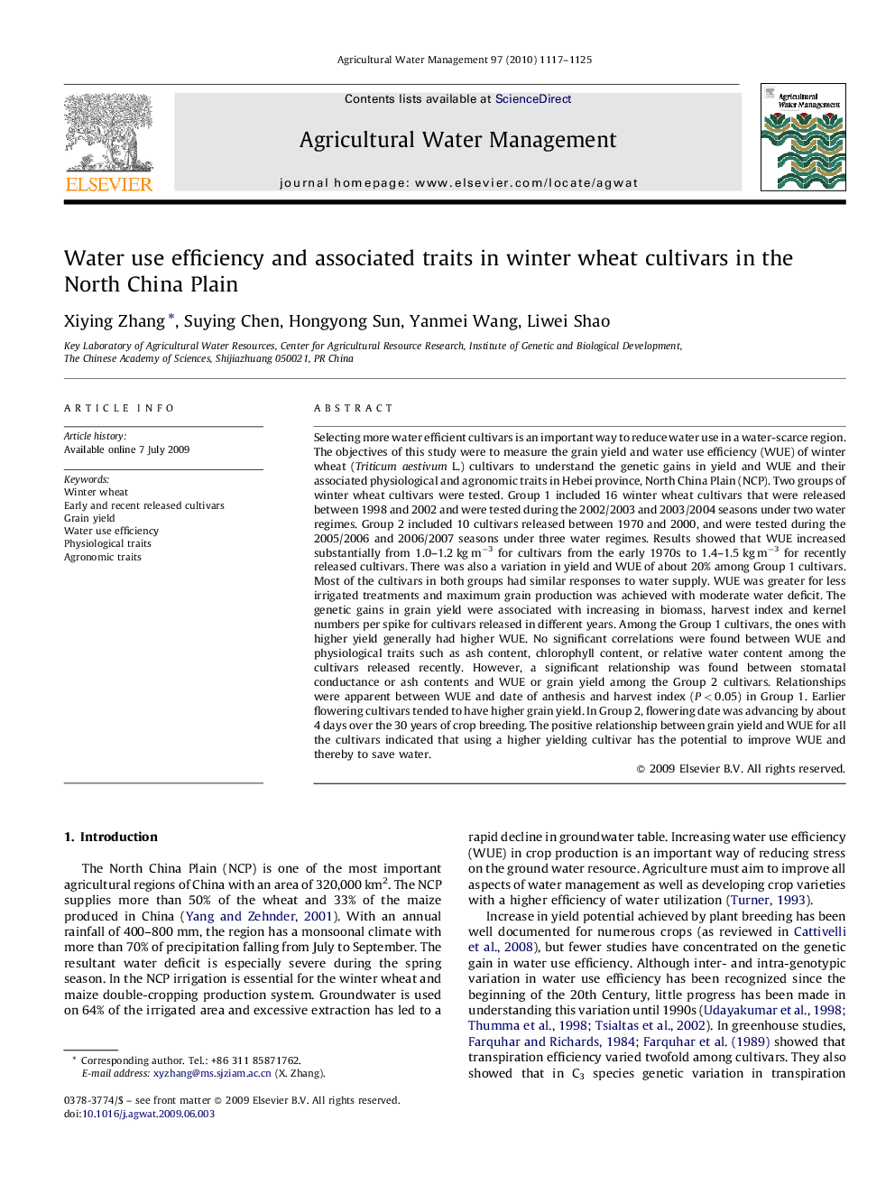 Water use efficiency and associated traits in winter wheat cultivars in the North China Plain