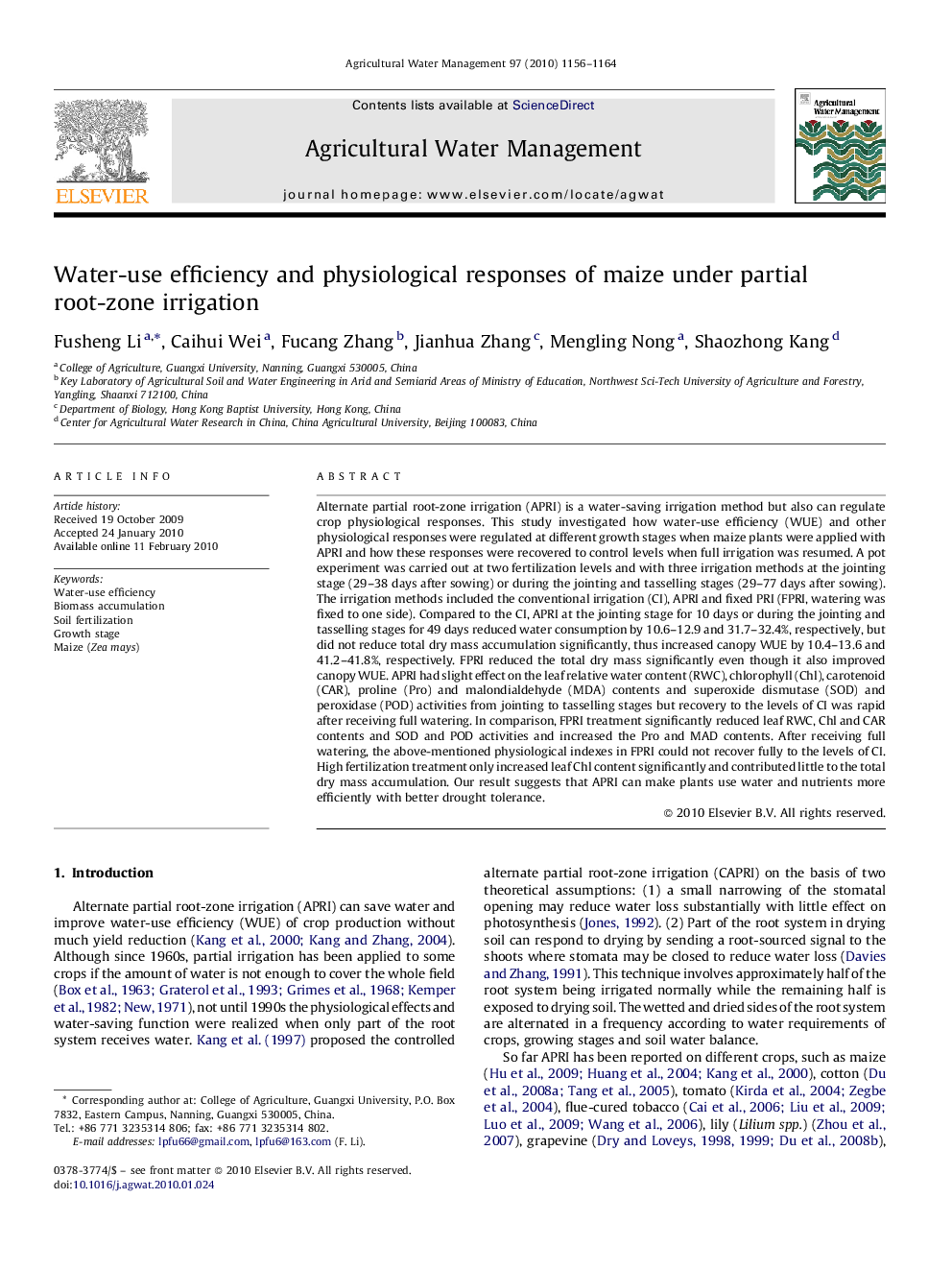 Water-use efficiency and physiological responses of maize under partial root-zone irrigation