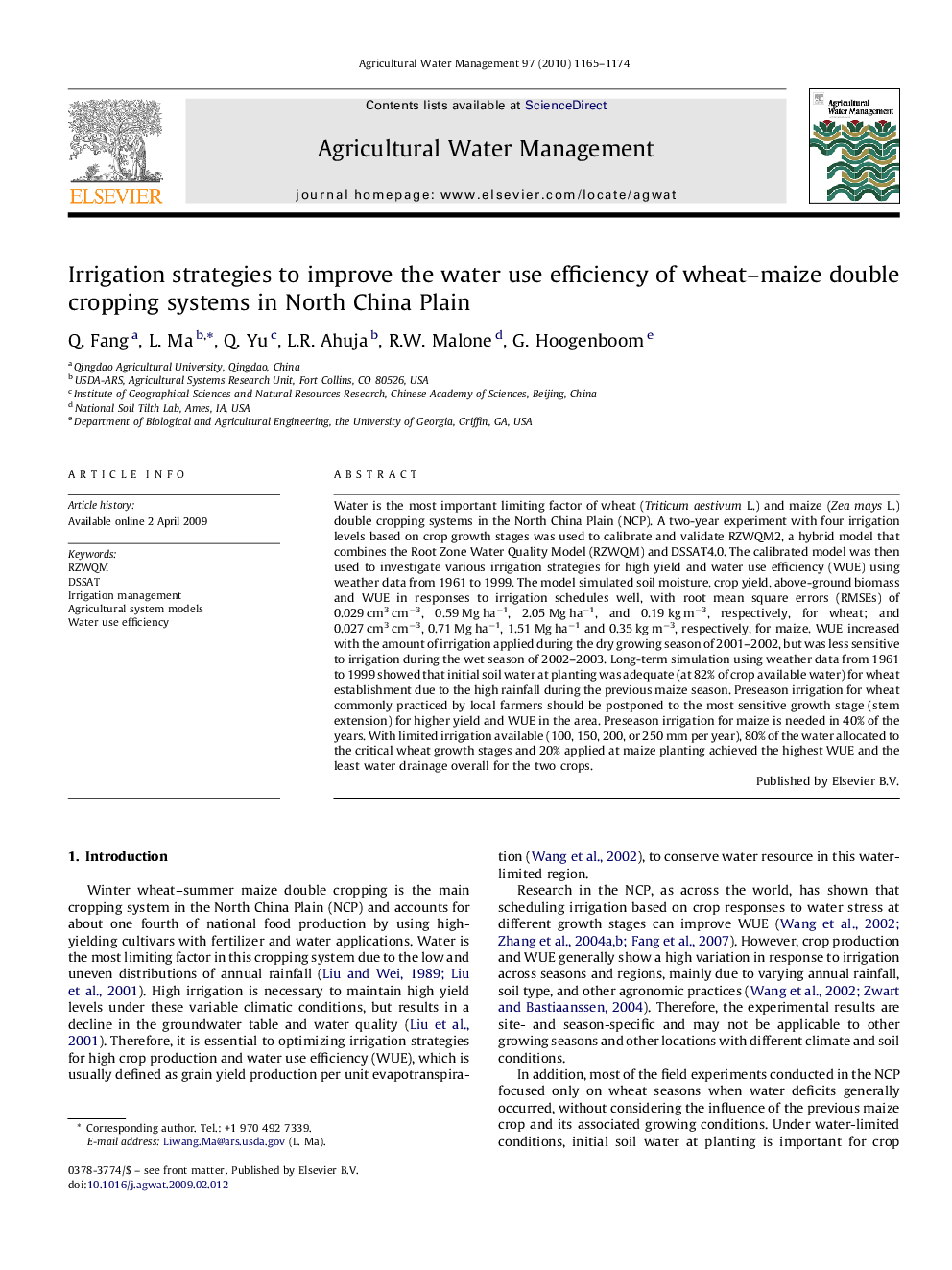 عکس صفحه اول مقاله: Irrigation strategies to improve the water use efficiency of wheat–maize double cropping systems in North China Plain Irrigation strategies to improve the water use efficiency of wheat–maize double cropping systems in North China Plain