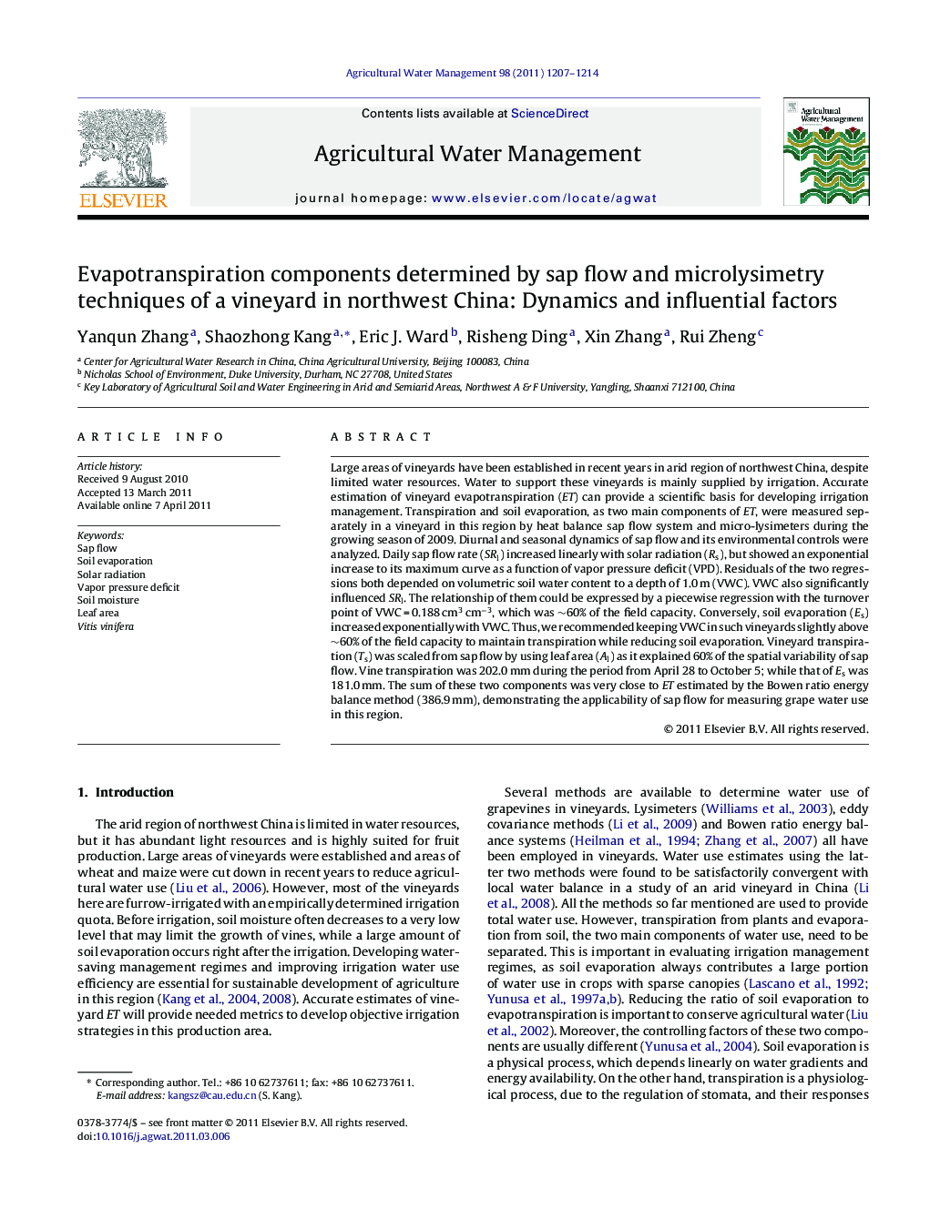Evapotranspiration components determined by sap flow and microlysimetry techniques of a vineyard in northwest China: Dynamics and influential factors