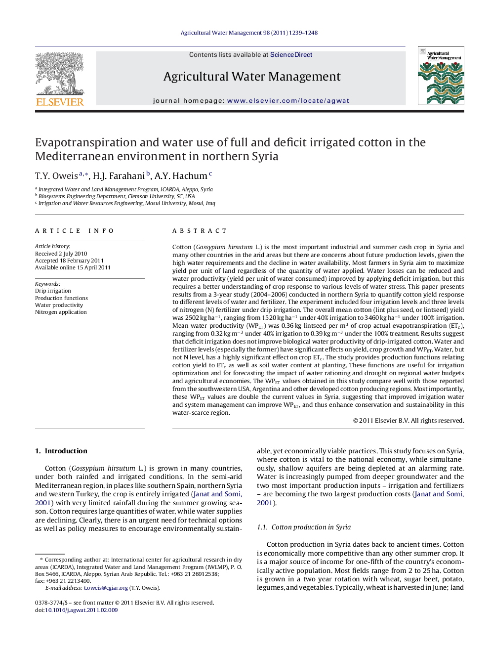 Evapotranspiration and water use of full and deficit irrigated cotton in the Mediterranean environment in northern Syria