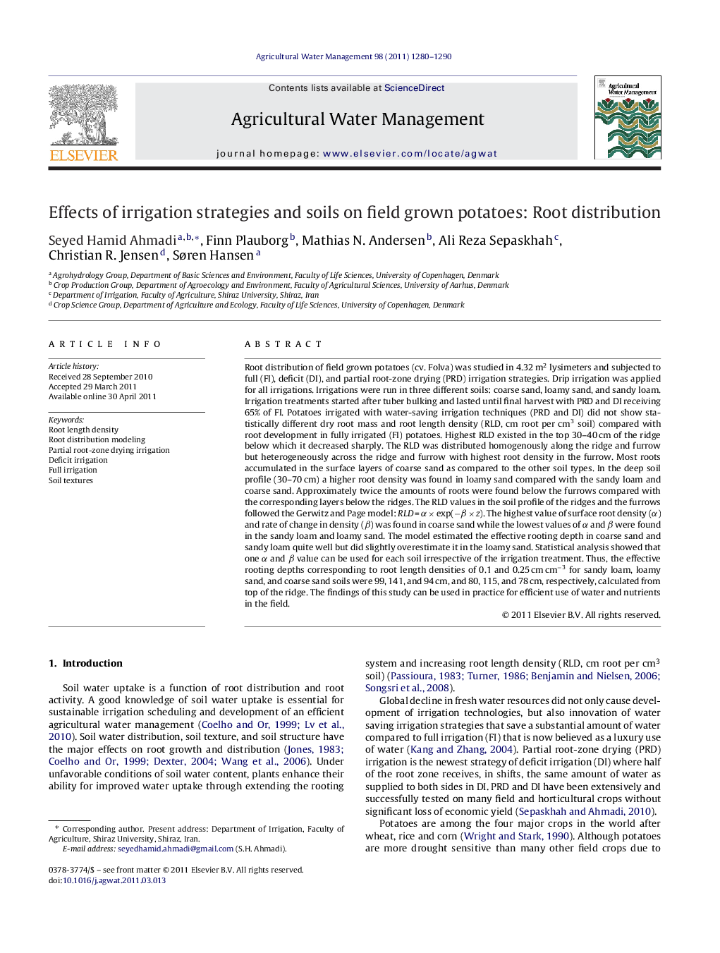 Effects of irrigation strategies and soils on field grown potatoes: Root distribution