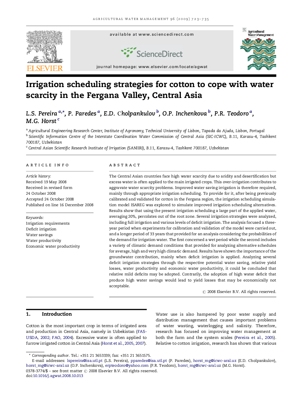 Irrigation scheduling strategies for cotton to cope with water scarcity in the Fergana Valley, Central Asia