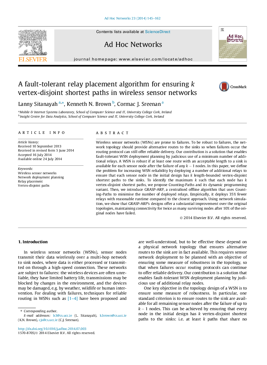 A fault-tolerant relay placement algorithm for ensuring k vertex-disjoint shortest paths in wireless sensor networks