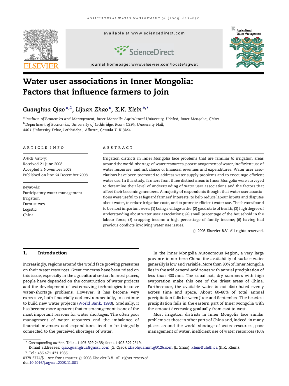 Water user associations in Inner Mongolia: Factors that influence farmers to join