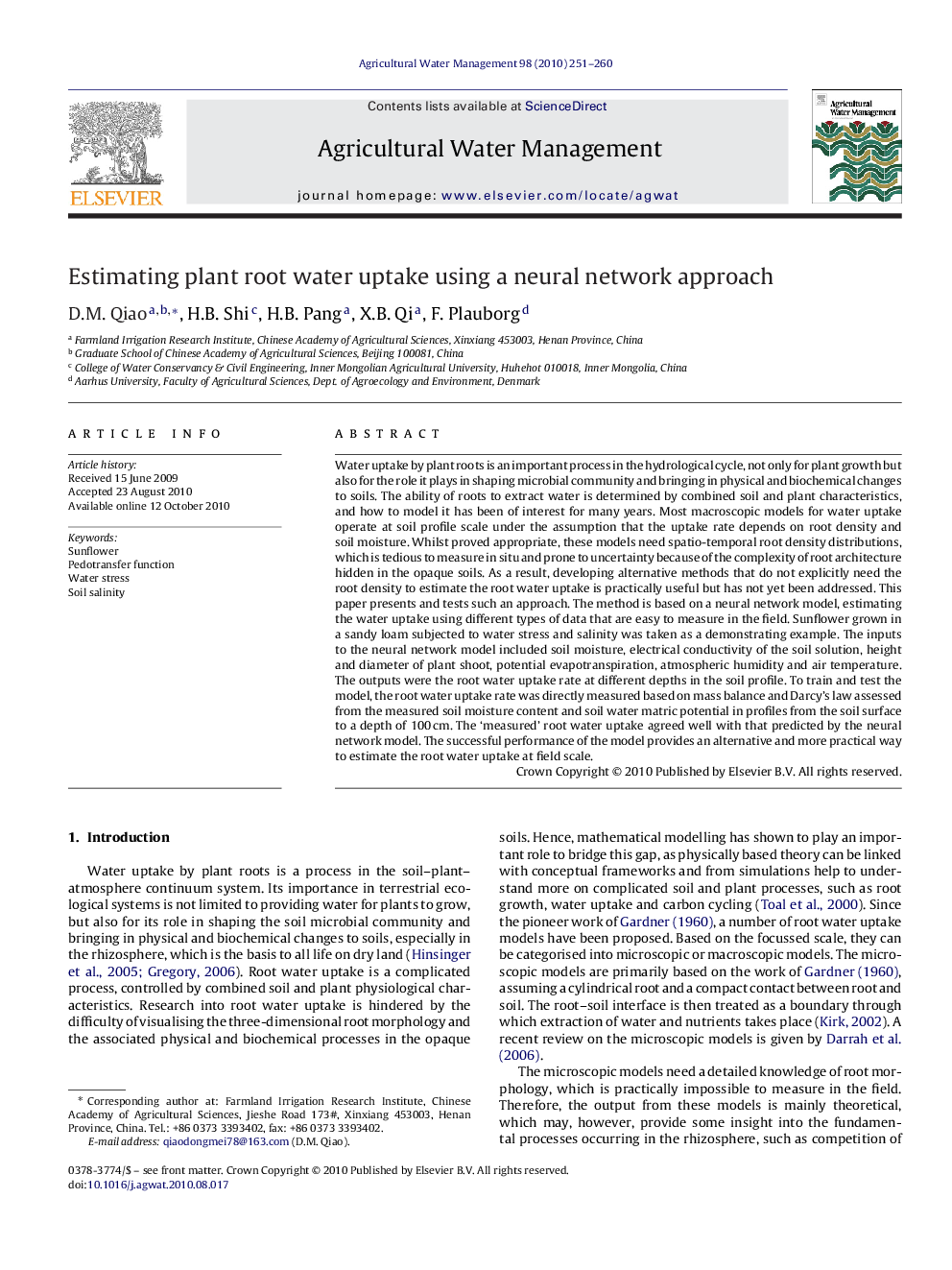 Estimating plant root water uptake using a neural network approach