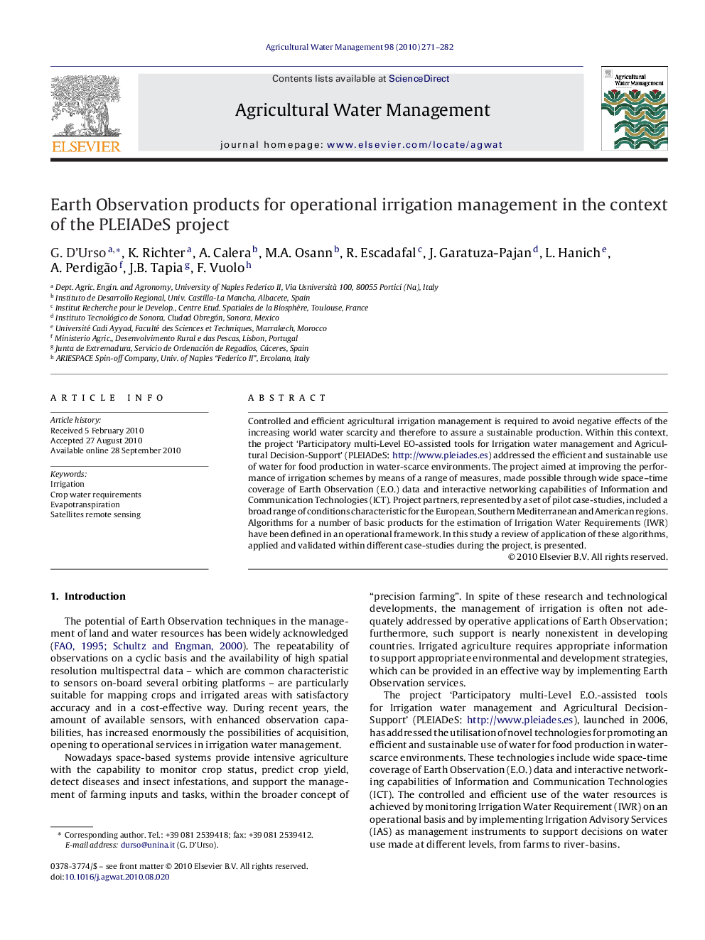 Earth Observation products for operational irrigation management in the context of the PLEIADeS project