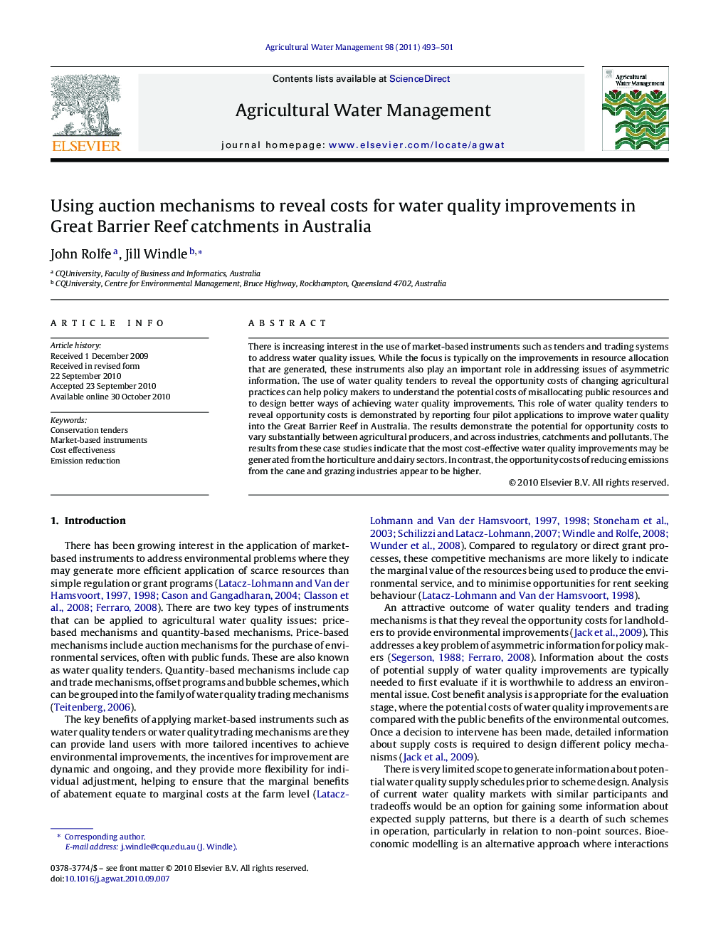 Using auction mechanisms to reveal costs for water quality improvements in Great Barrier Reef catchments in Australia