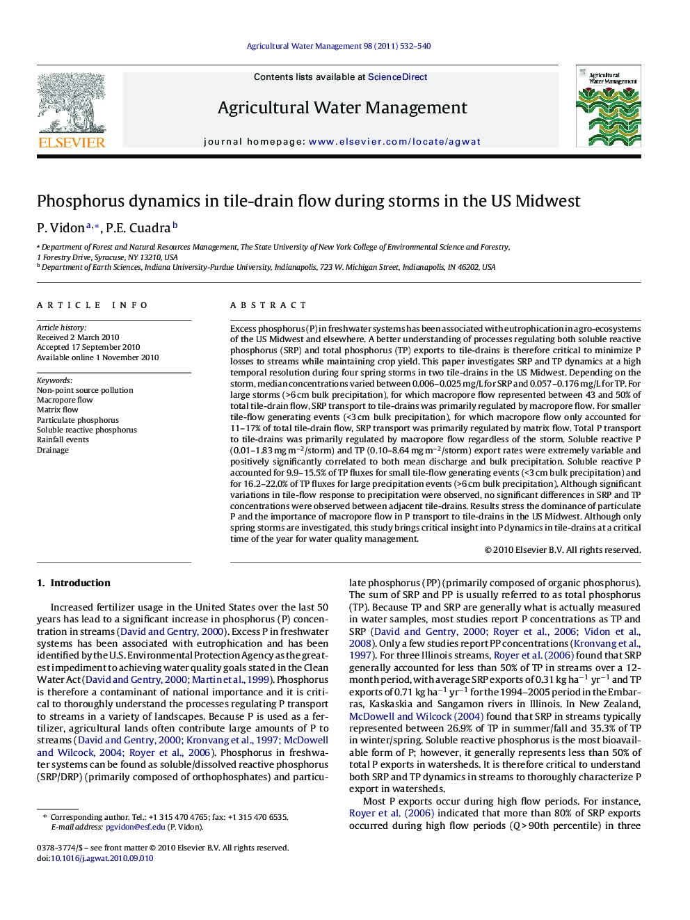 Phosphorus dynamics in tile-drain flow during storms in the US Midwest