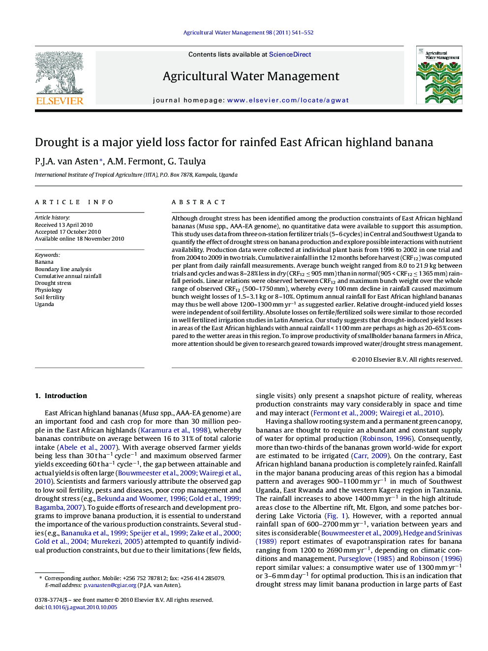 Drought is a major yield loss factor for rainfed East African highland banana