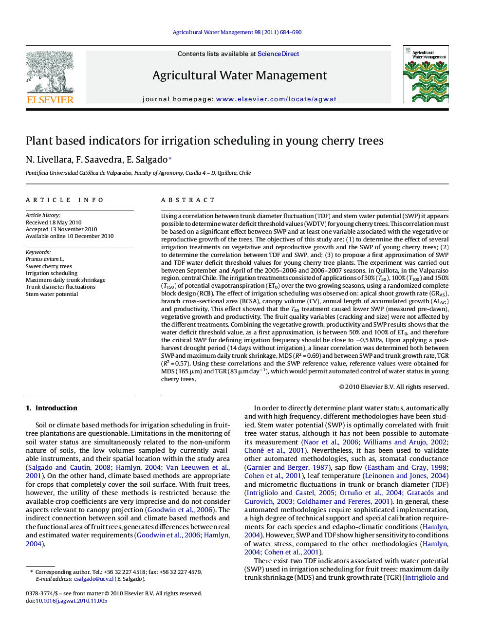 Plant based indicators for irrigation scheduling in young cherry trees