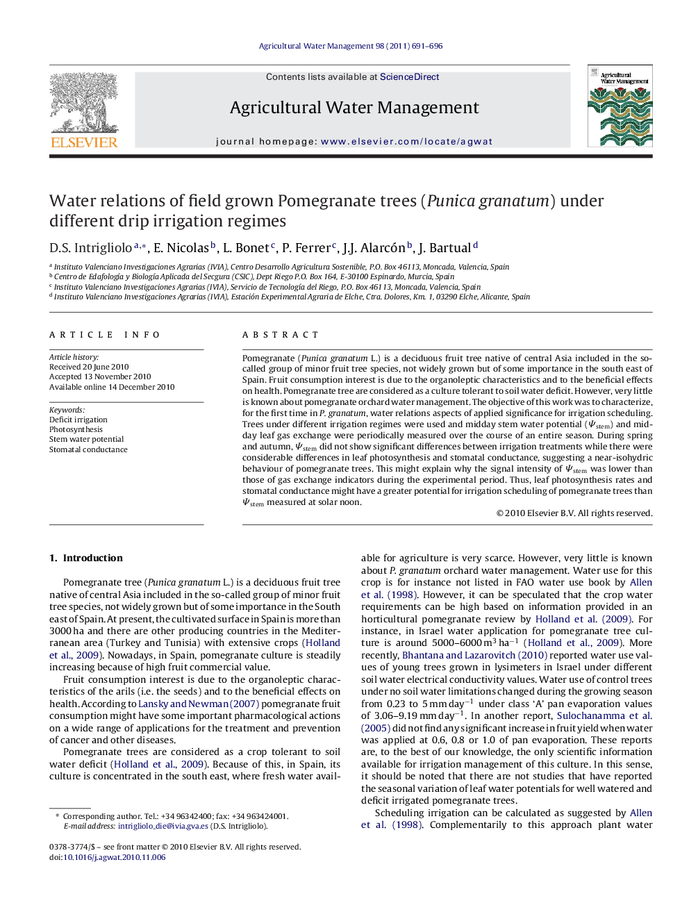 Water relations of field grown Pomegranate trees (Punica granatum) under different drip irrigation regimes