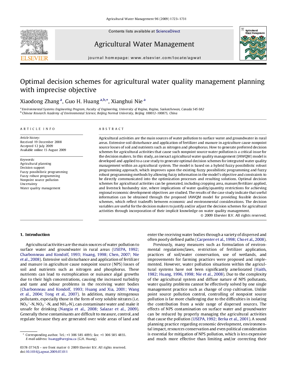 Optimal decision schemes for agricultural water quality management planning with imprecise objective