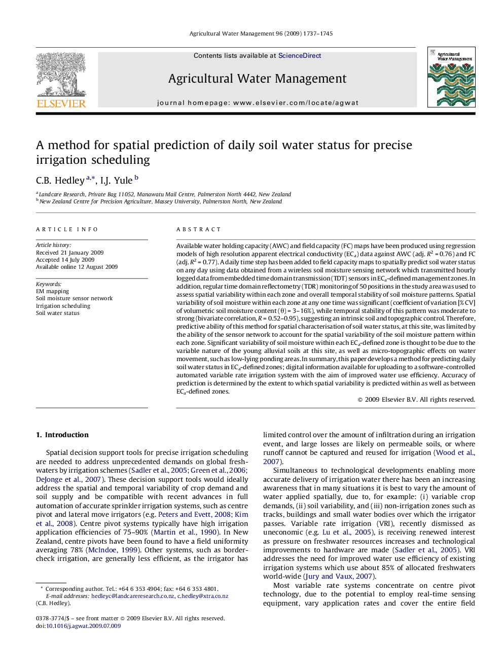 A method for spatial prediction of daily soil water status for precise irrigation scheduling