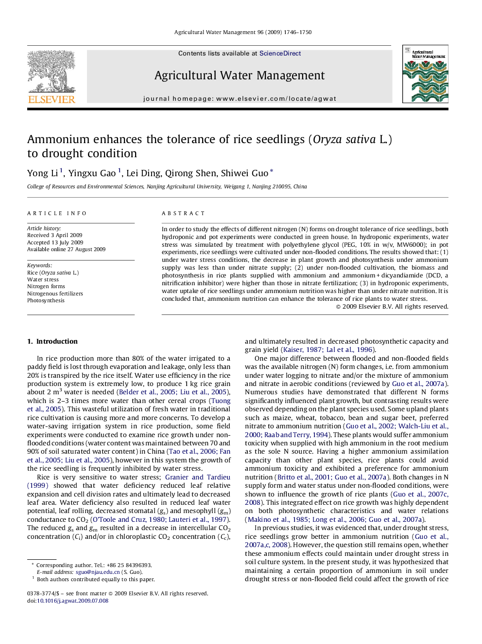 Ammonium enhances the tolerance of rice seedlings (Oryza sativa L.) to drought condition