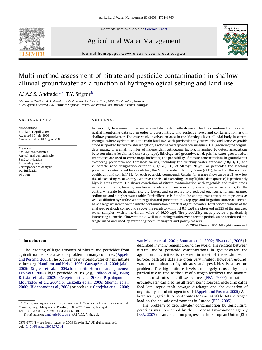 Multi-method assessment of nitrate and pesticide contamination in shallow alluvial groundwater as a function of hydrogeological setting and land use