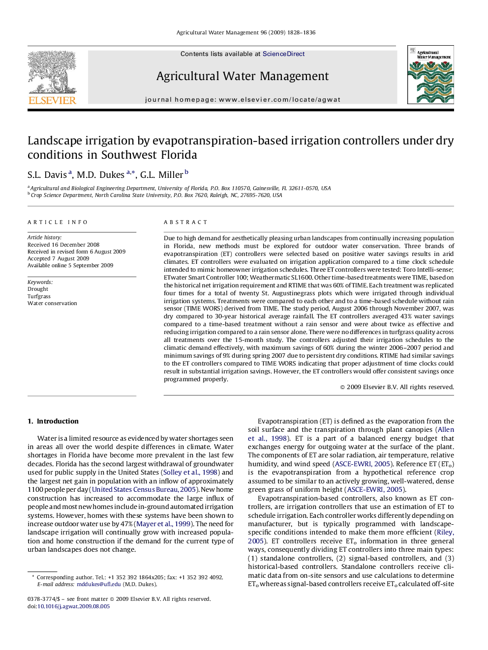 Landscape irrigation by evapotranspiration-based irrigation controllers under dry conditions in Southwest Florida